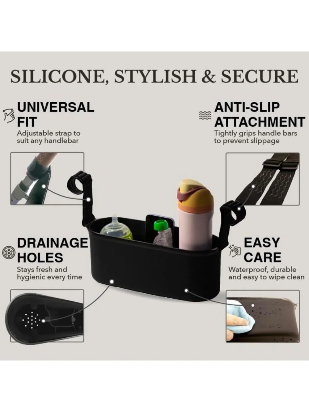 Waterproof Silicone Stroller Organizer with Cup Holders & Phone Storage